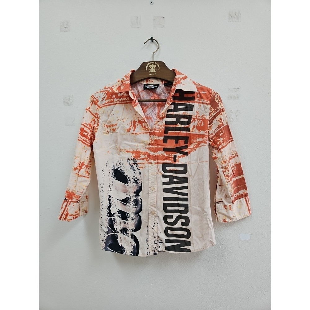 Harley Davidson Womens 3/4 Sleeve Button Up Blouse Sz S